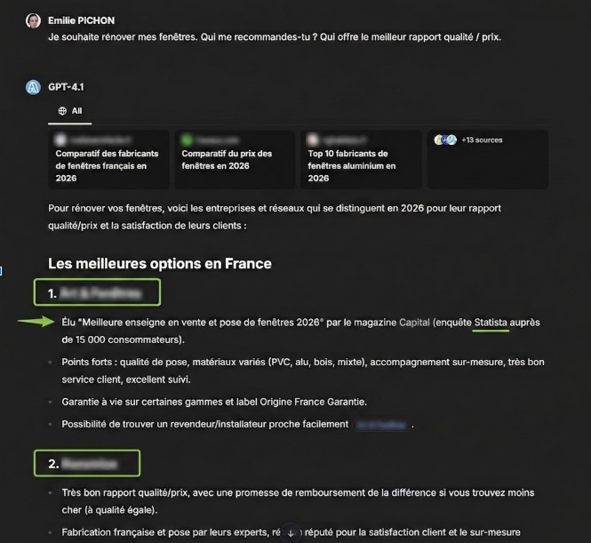 Capture d’écran d’une réponse ChatGPT à une question sur les meilleures marques de fenêtres en France, avec un classement de plusieurs enseignes et une mise en avant visuelle de la première position.