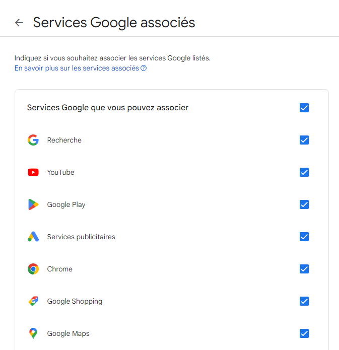 Sélection des services Google