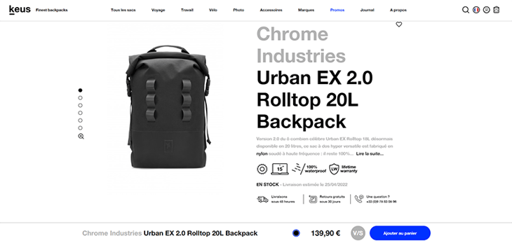 cibackExemple de page produit : sac à dos de la marque Chrome Industries
