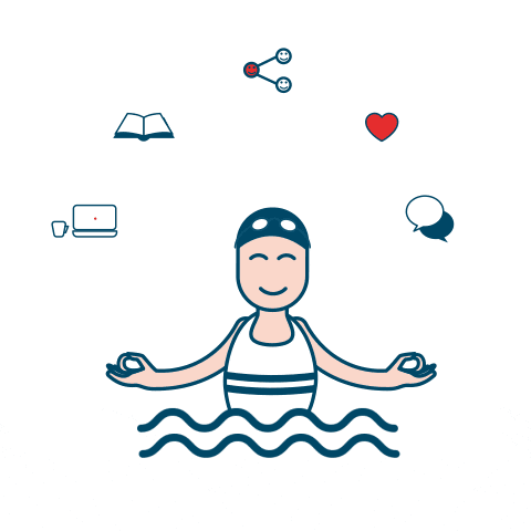 Illustration : petit personnage dans une piscine avec logos des réseaux sociaux autour de lui