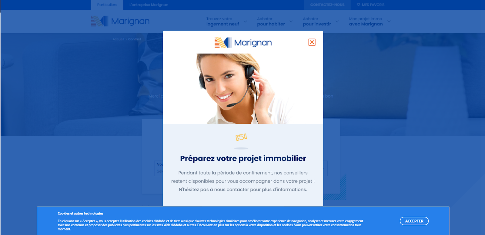 Bandeau sur le site de Marignan invitant à préparer son projet immo
