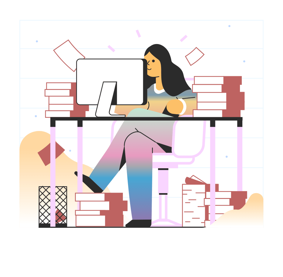 Illustration - Personne devant son ordinateur avec plusieurs livres autour d'elle - https://icons8.com